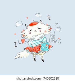 Cute cat is walking in Paris. Vector baby illustration for fashion apparels, t shirt and printed design.