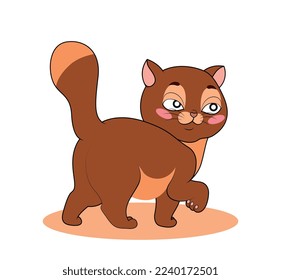 Cute cat walking. Playful character, toy or mascot for children. Creativity and art. Sticker for social networks and messengers. Movement and action. Love for pets. Cartoon flat vector illustration