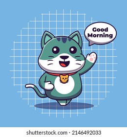 Cute cat walking and saying good morning vector illustration. Flat cartoon style.