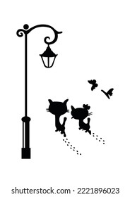 Cute Cat Walking Under The Street Light Wall Sticker Living Room