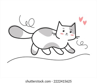 A cute cat walks along the path. Isolated illustration of a cartoon animal. Icon design in flat style. Premium logo vector. Mascot character with hearts.