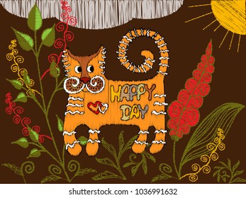 Cute cat walks in the garden. Vector illustration, imitation of embroidery. Greeting card, children's book.