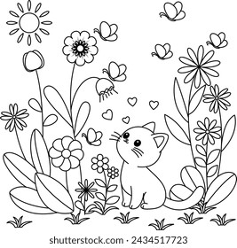 The cute cat wandered into the strange garden coloring page.
