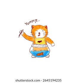 cute cat want to eat fish from fish bowl illustration 