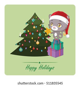 Cute cat wanting to put up a star shaped ornament to the top of the tree