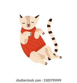Cute cat in warm sweater flat vector illustration. Sleepy kitty wearing cozy autumn clothes stylized design element isolated on white. Cartoon adorable pet animal sticker, t shirt print drawing.