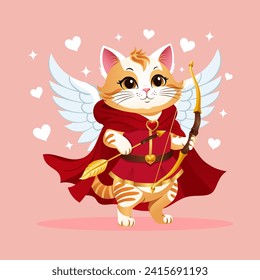 Cute cat warrior archer in a red cloak, pink dress with a golden bow and arrow. Gaming anime character. Vector illustration.