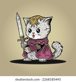 Cute Cat Warrior With Giant Sword Weapon and Red Hood Vector Illustration Artwork Character Design