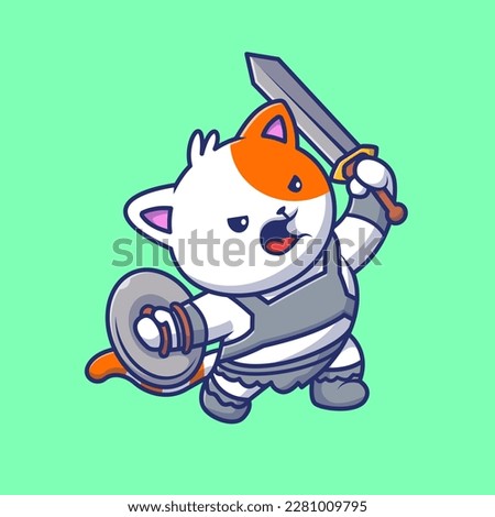 Cute Cat Warrior Holding Sword and Shield Cartoon Vector Icon Illustration. Animal Holiday Icon Concept Isolated Premium Vector. Flat Cartoon Style