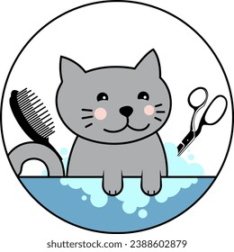 Cute cat is washed, groomers scissors and comb. Design for groomer salon