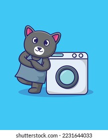 Cute cat with washing machine illustration