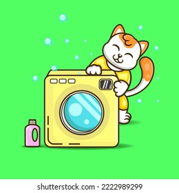 Cute cat with washing machine. Mascot laundry. Washing time. Laundry icon. Laundry logo.