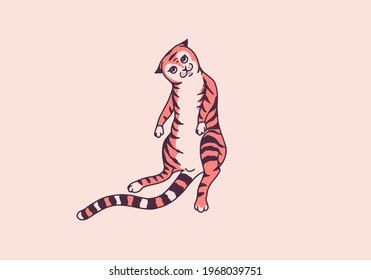 Cute cat. Washing, playing animal. Cute color Domestic kitty. Hand drawn engraved sketch for banner or t-shirt. Monochrome Vector outline vintage doodle style