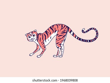 Cute cat. Washing, playing animal. Cute color Domestic kitty. Hand drawn engraved sketch for banner or t-shirt. Monochrome Vector outline vintage doodle style