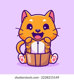 Ilustración del icono del vector de caricaturas del cubo de un gato que lava la ropa de tigre. Concepto de icono de la naturaleza animal Vector Premium aislado. Estilo de dibujo plano