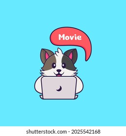 Cute cat is watching a movie. Animal cartoon concept isolated. Can used for t-shirt, greeting card, invitation card or mascot.