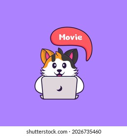 Cute cat is watching a movie. Animal cartoon concept isolated. Can used for t-shirt, greeting card, invitation card or mascot.