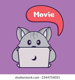 Cute cat is watching a movie. Animal cartoon concept isolated. Can used for t-shirt, greeting card, invitation card or mascot