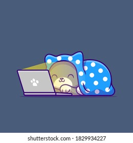 Cute Cat Watching Movie On Laptop With Blanket Cartoon Vector Icon Illustration. Animal Technology Icon Concept Isolated Premium Vector. Flat Cartoon Style