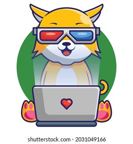 Cute Cat Watching Movie On Laptop Cartoon Design