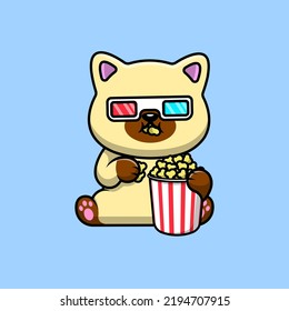 Cute Cat Watching Movie With Popcorn Cartoon Vector Icon Illustration. Flat Cartoon Concept