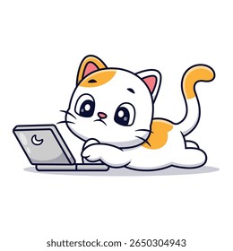 Cute Cat Watching On Laptop Cartoon Vector Icon Illustration. Animal Technology Icon Concept Isolated Premium Vector. Flat Cartoon Style