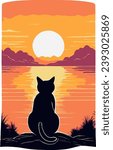 Cute cat watching sunset vector illustration design