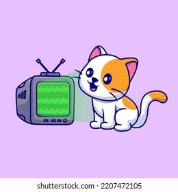 Cute Cat Watching Television Cartoon Vector Icon Illustration. Animal Technology Icon Concept Isolated Premium Vector. Flat Cartoon Style