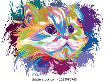 Cute cat. Water color cat illustration. T-shirt print. Greeting card. Poster kitten with splash paint. 