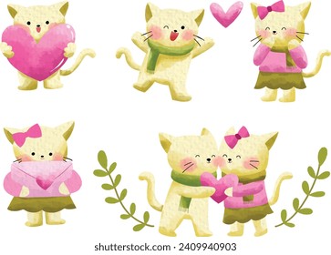 Cute Cat Watercolor illustration Valentines