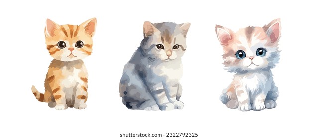 Cute cat watercolor isolated on white background. Set of lovely kitty drawing vector illustration