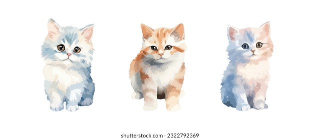 Cute cat watercolor isolated on white background. Set of lovely kitty drawing vector illustration