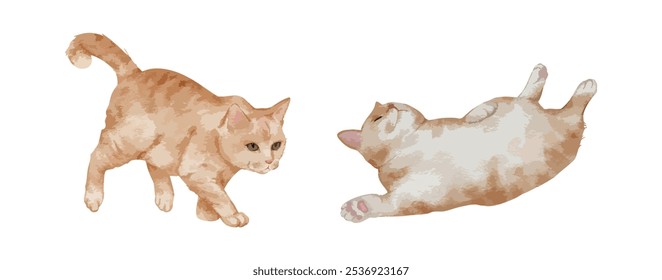 Nettes Katzen-Aquarell einzeln auf weißem Hintergrund. Orangefarbenes Kätzchen, das läuft und liegt, Zeichnung, Vektorgrafik