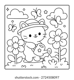 Lindo gato regando flores temporada de primavera – Página para colorear adorable para niños