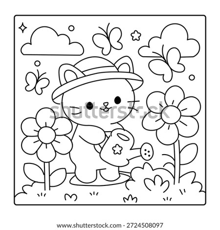 Cute Cat Watering Flowers Spring Season – Adorable Coloring Page for Kids