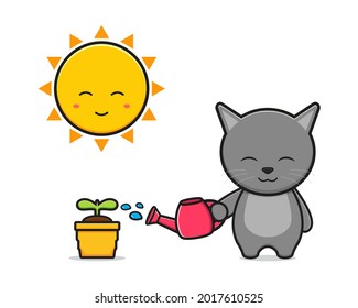 Cute cat watering plant cartoon icon illustration. Design isolated flat cartoon style