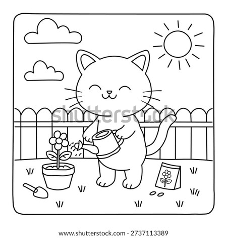 Cute Cat Watering Plants in Garden – Kawaii Kids Coloring Page