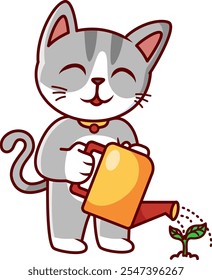 cute cat watering the plants Vector Illustration Icon. Flat Cartoon Style