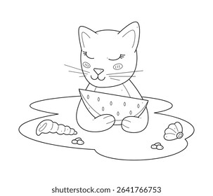 Cute cat with a watermelon on the beach. Outline clip art for your projects.
