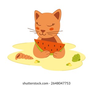 Cute cat with a watermelon on the beach. Color clip art for your projects.