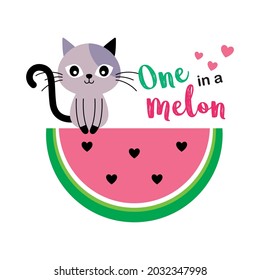 cute cat and watermelon one in a melon drawing vector