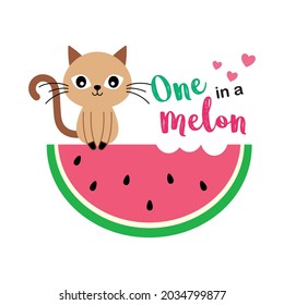 cute cat and watermelon one in a melon drawing vector