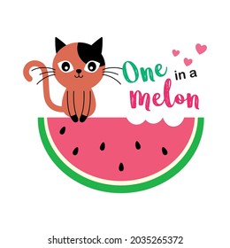 cute cat and watermelon one in a melon drawing vector