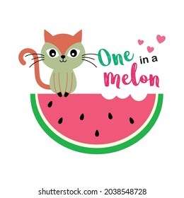 lindo gato y sandía uno en un vector de dibujo de melón