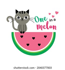 cute cat and watermelon one in a melon drawing vector