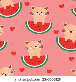 Patrón de gato y sandía, fondo sin costuras de dibujos animados, ilustración vectorial, papel pintado, textil, bolsa, ropa, diseño de moda