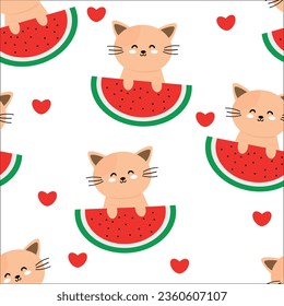 Cute cat and watermelon pattern, cartoon seamless background, vector illustration, wallpaper, textile, bag, garment, fashion design