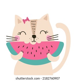 Cute cat with watermelon. Vector illustrations