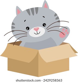 Cute cat waving inside cardboard box