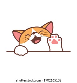 Cute cat waving paw cartoon, vector illustration